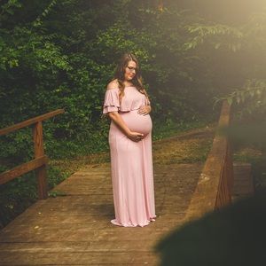 Light Pink Shoulder Ruffle Maxi Maternity Dress—Large